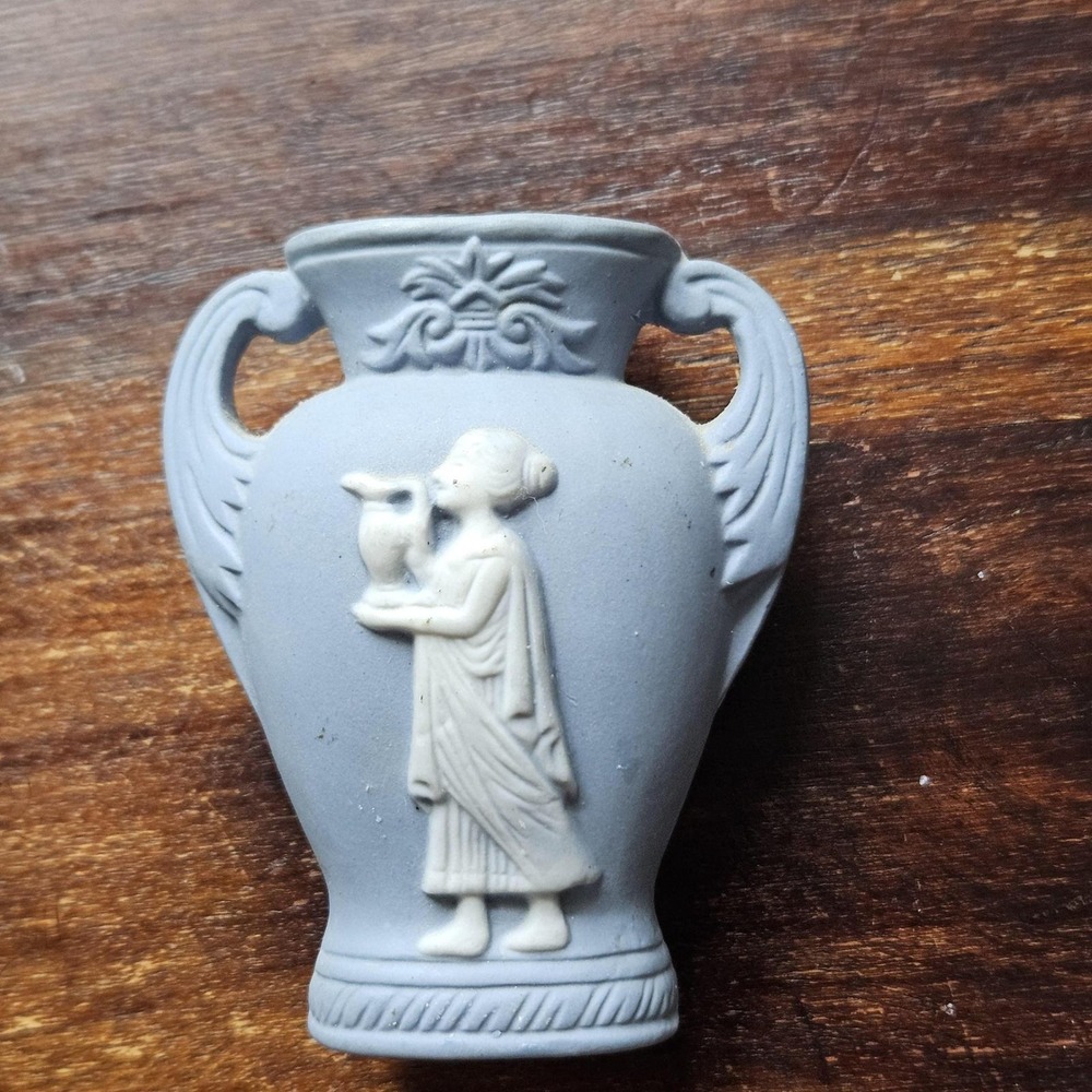 Vintage Blue Jasperware Style Miniature Bud Vase Greek Goddess Japan 3.25"